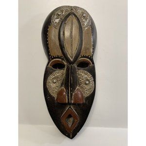 Carved Wooden Face Mask Metal Inlay Open Mouth Tribal Ethnic Cultural Decor READ